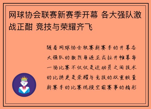 网球协会联赛新赛季开幕 各大强队激战正酣 竞技与荣耀齐飞