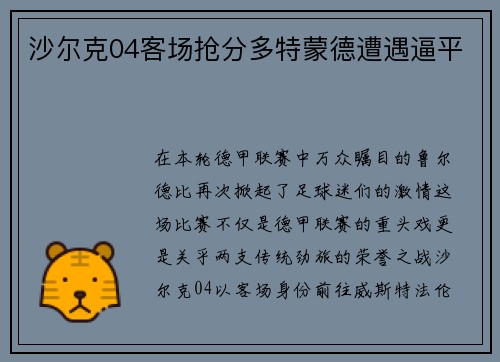 沙尔克04客场抢分多特蒙德遭遇逼平
